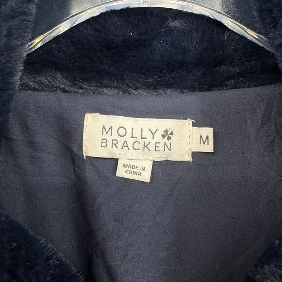 Molly Bracken Dark Navy Soft Faux Fur Wide Collar Zipper Bomber Jacket w Pockets - Picture 11 of 13